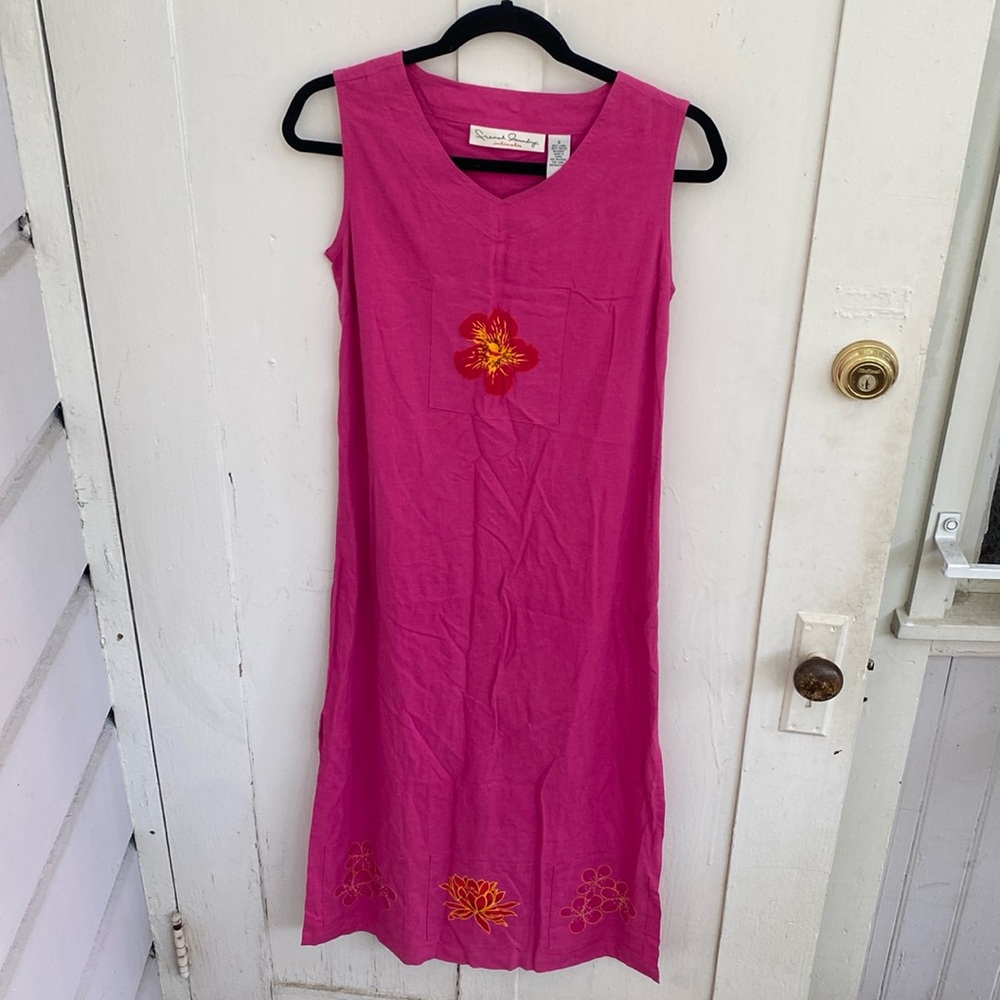Vintage 90s Linen Embroidered Midi Dress Small Pink French Laundry Cottagecore